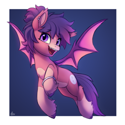 Size: 1000x1000 | Tagged: safe, artist:luminousdazzle, oc, oc only, oc:rhea, bat pony, pony, bat pony oc, bat wings, bracelet, colored sketch, ear fluff, ear piercing, eyebrows, eyebrows visible through hair, fangs, female, flying, jewelry, looking at you, mare, open mouth, open smile, piercing, signature, sketch, smiling, smiling at you, solo, spread wings, unshorn fetlocks, wings