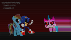Size: 1920x1080 | Tagged: safe, artist:wesleyvianen, rainbow dash, cat, hedgehog, pegasus, pony, unicorn, g4, .exe, blood, clothes, crack, creepypasta, crossover, fangs, female, gloves, horn, lego, male, raised hoof, shoes, smiling, sonic the hedgehog, sonic the hedgehog (series), sonic.exe, text, unikitty, unikitty!, wings, zalgo, zip lines