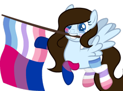 Size: 1040x768 | Tagged: safe, artist:yeetmedownthestairs, oc, oc only, oc:krissy, pegasus, pony, bigender, bigender pride flag, bisexual pride flag, clothes, commission, face paint, flag, grin, hair over one eye, mouth hold, pride, pride flag, pride month, pride socks, raised hoof, raised leg, simple background, smiling, socks, solo, striped socks, transparent background, ych result