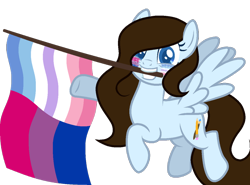 Size: 1040x768 | Tagged: safe, alternate version, artist:yeetmedownthestairs, oc, oc only, oc:krissy, pegasus, pony, bigender, bigender pride flag, bisexual pride flag, commission, face paint, flag, grin, hair over one eye, mouth hold, pride, pride flag, pride month, raised hoof, raised leg, simple background, smiling, solo, transparent background, ych result