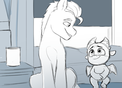 Size: 863x626 | Tagged: safe, artist:justinmacklis, hitch trailblazer, sparky sparkeroni, dragon, earth pony, pony, g5, baby, baby dragon, duo, eyebrows, father and child, father and son, james marsden, looking at each other, looking at someone, male, monochrome, papa hitch, reference, sitting, smiling, smiling at each other, sonic the hedgehog (series), stallion, voice actor joke