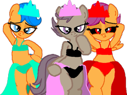 Size: 959x719 | Tagged: safe, artist:angrymetal, scootaloo, oc, oc:scootagen, pegasus, pony, g4, .exe, bedroom eyes, bipedal, bra, clothes, crown, fanart, female, filly, foal, jewelry, panties, rainbow.exe, regalia, simple background, smiling, transparent background, zalgo