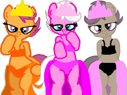 Size: 959x719 | Tagged: safe, artist:angrymetal, scootaloo, oc, oc:sparkle glitter, pegasus, pony, g4, bedroom eyes, bipedal, bra, clothes, crown, fanart, female, filly, foal, jewelry, panties, rainbow.exe, regalia, simple background, smiling, transparent background, zalgo