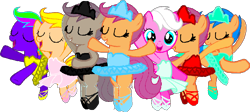 Size: 960x431 | Tagged: safe, artist:angrymetal, scootaloo, oc, oc:dark dash, oc:female hedgefox, oc:scootagen, oc:sparkle glitter, pegasus, pony, g4, .exe, ballerina, ballet, ballet slippers, bipedal, clothes, crown, dancing, eyes closed, fanart, female, filly, foal, jewelry, rainbow.exe, regalia, simple background, smiling, transparent background
