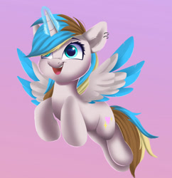 Size: 1280x1320 | Tagged: safe, artist:joaothejohn, oc, oc only, oc:jeylie, alicorn, pony, alicorn oc, commission, cute, flying, horn, looking up, magic, simple background, wings