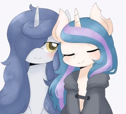 Size: 2048x1854 | Tagged: safe, artist:ginmaruxx, oc, oc only, pony, unicorn, blushing, clothes, cute, duo, duo female, eye clipping through hair, eyes closed, female, hair over one eye, horn, jacket, mare, ocbetes, simple background, smiling, torn ear, white background