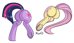 Size: 2507x1452 | Tagged: safe, artist:xwosya, fluttershy, twilight sparkle, pony, butt, butt only, disembodied hindquarters, dock, flutterbutt, frog (hoof), horseshoes, lying down, plot, raised hoof, simple background, tail, twibutt, underhoof, white background