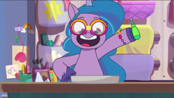 Size: 3300x1858 | Tagged: safe, screencap, izzy moonbow, pony, unicorn, dumpster diving, g5, my little pony: tell your tale, spoiler:tyts01e13, female, goggles, high res, mare, open mouth, open smile, safety goggles, screwdriver, smiling, solo
