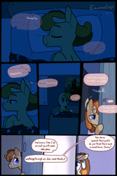 Size: 3000x4500 | Tagged: safe, artist:storyteller, oc, oc:omelette, earth pony, pony, comic:eavesdrop, bed, bedroom, colt, comic, dialogue, foal, male, night, poster, sleeping, sneaking, solo focus, speech bubble