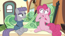 Size: 1334x750 | Tagged: safe, screencap, maud pie, pinkie pie, earth pony, pony, g4, rock solid friendship, season 7, cheek squish, duo, female, hooves on cheeks, mare, squishy cheeks, train