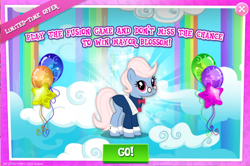 Size: 1040x692 | Tagged: safe, gameloft, mayor blossom, g4, my little pony: magic princess, advertisement, balloon, balloon pop, female, mare