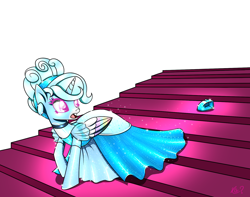 Size: 1590x1251 | Tagged: safe, artist:questionmarkdragon, oc, oc only, alicorn, pony, alicorn oc, cinderella, clothes, colored wings, dress, female, glass slipper (footwear), glass slippers, horn, looking back, mare, multicolored wings, simple background, solo, stairs, white background, wings