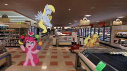 Size: 1365x768 | Tagged: safe, artist:ocarina0ftimelord, artist:sunley, applejack, derpy hooves, pinkie pie, earth pony, human, pegasus, pony, g4, apple, banana, bipedal, female, food, grapes, grocery store, herbivore, irl, mare, market basket, muffin, orange, pear, photo, ponies in real life, strawberry, watermelon