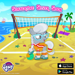 Size: 1080x1080 | Tagged: safe, gameloft, silver spoon, bird, earth pony, pony, seagull, starfish, g4, advertisement, ball, beach, braid, caption, clothes, cloud, cute, female, filly, foal, glasses, google, leotard, my little pony logo, ocean, palm tree, sailboat, shoes, silverbetes, sky, sneakers, solo, sports, sun, text, tree, volleyball, volleyball net, water
