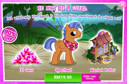 Size: 1031x688 | Tagged: safe, gameloft, spearhead, pegasus, pony, g4, advertisement, clothes, costs real money, gem, introduction card, male, sale, scarf, stallion