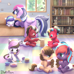 Size: 1500x1500 | Tagged: safe, artist:binkyroom, oc, oc only, oc:brooke, oc:charming dazz, oc:hooklined, oc:lasting charity, oc:paddy sparkle, alicorn, earth pony, pegasus, pony, unicorn, baby, book, bookshelf, colored, colt, commission, cute, diaper, female, filly, foal, jenga, male, pacifier, playing, plushie, ponified, shatter (transformers), teddy bear, transformers, windblade, window, ych result