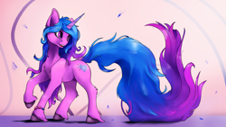 Size: 3840x2160 | Tagged: safe, artist:tenebrisnoctus, izzy moonbow, pony, unicorn, g5, female, flower petals, heart, heart background, high res, long tail, mare, shadow, signature, smiling, solo, tail, unshorn fetlocks