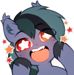 Size: 607x621 | Tagged: safe, artist:astralblues, oc, oc only, oc:scrimmy, bat pony, pony, :d, bat pony oc, fangs, heterochromia, looking at you, male, open mouth, open smile, simple background, smiling, smiling at you, solo, stallion, starry eyes, transparent background, unshorn fetlocks, wingding eyes