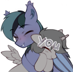 Size: 609x602 | Tagged: safe, artist:astralblues, oc, oc only, oc:scrimmy, bat pony, pony, bat pony oc, bat wings, commission, eyes closed, fangs, hug, male, simple background, smiling, stallion, transparent background, unshorn fetlocks, wings, your character here