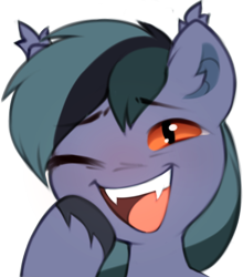 Size: 538x611 | Tagged: safe, artist:astralblues, oc, oc only, oc:scrimmy, bat pony, pony, bat pony oc, fangs, laughing, looking at you, male, open mouth, simple background, solo, stallion, transparent background, unshorn fetlocks