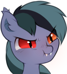 Size: 557x614 | Tagged: safe, artist:astralblues, oc, oc only, oc:scrimmy, bat pony, pony, angry, bat pony oc, cute, fangs, heterochromia, male, ocbetes, scrunchy face, simple background, solo, stallion, transparent background