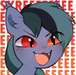 Size: 612x600 | Tagged: safe, artist:astralblues, oc, oc only, oc:scrimmy, bat pony, pony, >:d, bat pony oc, cute, ear fluff, fangs, heterochromia, male, ocbetes, open mouth, simple background, skree, solo, stallion, text, transparent background