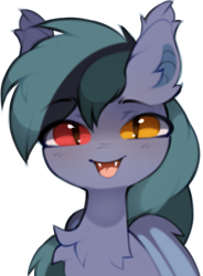 Size: 665x903 | Tagged: safe, artist:astralblues, oc, oc only, oc:scrimmy, bat pony, pony, bat pony oc, bat wings, chest fluff, cute, ear fluff, eyebrows, eyebrows visible through hair, fangs, heterochromia, looking at you, male, ocbetes, simple background, solo, stallion, transparent background, wings