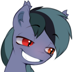 Size: 602x594 | Tagged: safe, artist:astralblues, oc, oc only, oc:scrimmy, bat pony, pony, bat pony oc, ear fluff, fangs, gritted teeth, heterochromia, male, simple background, smug, solo, stallion, teeth, transparent background