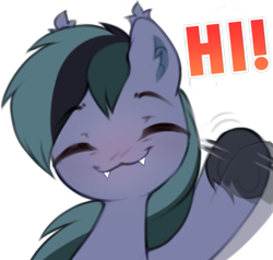 Size: 609x579 | Tagged: safe, artist:astralblues, oc, oc only, oc:scrimmy, bat pony, pony, bat pony oc, cute, ear fluff, fangs, looking at you, male, ocbetes, raised hoof, simple background, solo, stallion, text, transparent background, unshorn fetlocks, waving, waving at you