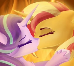 Size: 1569x1398 | Tagged: safe, artist:emmiiv, starlight glimmer, sunset shimmer, pony, unicorn, g4, duo, eyes closed, female, kiss on the lips, kissing, lesbian, mare, ship:shimmerglimmer, shipping