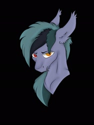 Size: 1536x2048 | Tagged: safe, artist:darumemay, oc, oc only, oc:scrimmy, bat pony, pony, bat pony oc, black background, bust, ear fluff, eyebrows, fangs, heterochromia, looking at you, male, portrait, simple background, solo, stallion