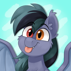 Size: 2500x2500 | Tagged: safe, artist:luximus17, oc, oc only, oc:scrimmy, bat pony, pony, :p, bat pony oc, bat wings, bust, cute, ear fluff, fangs, heterochromia, high res, looking at you, male, ocbetes, portrait, simple background, solo, stallion, tongue out, wings