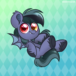 Size: 2598x2598 | Tagged: safe, artist:ninnydraws, oc, oc only, oc:scrimmy, bat pony, pony, bat pony oc, bat wings, commission, cute, fangs, heart, heart eyes, heterochromia, high res, looking at you, male, ocbetes, simple background, solo, spread wings, stallion, unshorn fetlocks, wingding eyes, wings, ych result