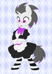 Size: 2019x2854 | Tagged: safe, alternate character, alternate version, artist:scarlet-spectrum, part of a set, oc, oc only, oc:haze rad, pony, unicorn, :o, abstract background, apron, bipedal, blushing, bowtie, clothes, colored hooves, commission, commissioner:biohazard, crossdressing, cute, dress, high res, highlights, horn, looking at something, looking down, maid, male, open mouth, purple eyes, socks, solo, stallion, striped socks, surprised, unicorn oc, unshorn fetlocks, ych result