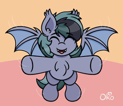 Size: 1400x1200 | Tagged: safe, artist:okopod, oc, oc only, oc:scrimmy, bat pony, pony, bat pony oc, bat wings, chest fluff, cute, ear fluff, fangs, flying, heterochromia, incoming hug, male, ocbetes, simple background, solo, spread wings, stallion, wings