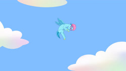 Size: 3410x1920 | Tagged: safe, screencap, neptune (g5), pegasus, pony, dumpster diving, g5, my little pony: tell your tale, spoiler:g5, spoiler:my little pony: tell your tale, spoiler:tyts01e13, cloud, goggles, hat, high res, male, solo, spread wings, stallion, swimming cap, swimming goggles, wings
