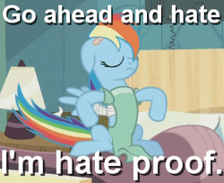 Size: 314x256 | Tagged: safe, edit, edited screencap, screencap, rainbow dash, pegasus, pony, g4, read it and weep, animated, artifact, bandage, bandaged wing, bed, caption, eyes closed, female, hater, haters gonna hate, hospital bed, hospital gown, image macro, meme, solo, text