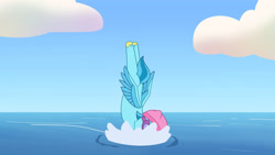 Size: 3410x1920 | Tagged: safe, screencap, neptune (g5), pegasus, pony, dumpster diving, g5, my little pony: tell your tale, spoiler:g5, spoiler:my little pony: tell your tale, spoiler:tyts01e13, cloud, diving, goggles, hat, high res, male, solo, spread wings, stallion, swimming cap, swimming goggles, wings