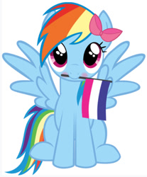 Size: 560x675 | Tagged: safe, rainbow dash, pegasus, pony, g4, blushing, bow, cute, dashabetes, mouth hold, pride, pride flag, simple background, sitting, spread wings, straight pride flag, vector, white background, wings