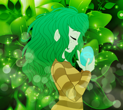 Size: 1024x918 | Tagged: safe, artist:sorrowfuldownpour, wallflower blush, human, a friendship to remember, equestria girls, equestria girls series, forgotten friendship, g4, eyes closed, female, green, memory stone, solo, wallflower and plants