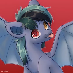 Size: 1000x1000 | Tagged: safe, artist:shelti, oc, oc only, oc:scrimmy, bat pony, pony, :p, bat pony oc, bat wings, cute, fangs, heterochromia, looking at you, male, ocbetes, red background, simple background, solo, spread wings, stallion, tongue out, wings