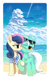 Size: 2067x3173 | Tagged: safe, artist:kaylemi, bon bon, lyra heartstrings, sweetie drops, earth pony, pony, unicorn, g4, beach, blushing, cloud, cute, female, high res, holding hooves, lesbian, mare, ocean, one eye closed, ship:lyrabon, shipping, smiling, snuggling, sunglasses, water