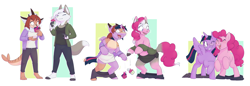 Size: 4800x1646 | Tagged: safe, artist:fauvfox, pinkie pie, twilight sparkle, oc, alicorn, earth pony, pony, g4, abstract background, clothes, cupcake, duo, female, food, furry, furry oc, furry to pony, glasses, high res, nonbinary, transformation, transformation sequence, twilight sparkle (alicorn)