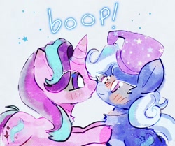 Size: 1024x855 | Tagged: safe, artist:bug-roux, starlight glimmer, trixie, pony, unicorn, g4, boop, clothes, duo, duo female, eye clipping through hair, female, hat, horn, lesbian, looking at each other, looking at someone, mare, noseboop, ship:startrix, shipping, simple background, trixie's hat, white background