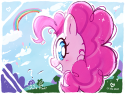 Size: 933x710 | Tagged: safe, artist:fipoki, pinkie pie, earth pony, pony, balloon, bust, cute, diapinkes, female, looking back, mare, portrait, question mark, rainbow, smiling, solo