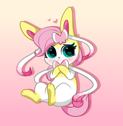 Size: 4000x4080 | Tagged: safe, artist:kittyrosie, part of a set, fluttershy, sylveon, absurd resolution, blushing, cute, daaaaaaaaaaaw, drop shadow, female, gradient background, hair accessory, heart, kittyrosie is trying to murder us, looking at you, pokefied, pokémon, shyabetes, solo, sweet dreams fuel, weapons-grade cute