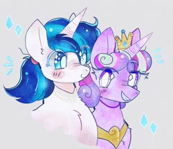 Size: 1024x881 | Tagged: safe, artist:bug-roux, princess cadance, shining armor, pony, unicorn, g4, duo, eye clipping through hair, female, grin, horn, looking at someone, male, mare, simple background, smiling, stallion, white background