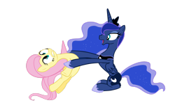 Size: 3177x1887 | Tagged: safe, artist:sakatagintoki117, fluttershy, princess luna, alicorn, pegasus, pony, g4, .psd available, cartoon physics, duo, ethereal mane, ethereal tail, excited, female, height difference, helpless, hoof shoes, jewelry, mare, open mouth, princess shoes, regalia, simple background, slender, tail, thin, transparent background, vector