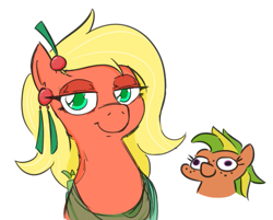 Size: 503x405 | Tagged: safe, artist:jargon scott, oc, oc only, oc:bahama nectar, oc:papaya nectar, earth pony, pony, colored pupils, duo, female, filly, foal, freckles, looking at each other, mare, mother and child, mother and daughter, simple background, smiling, smiling at each other, squatpony, white background