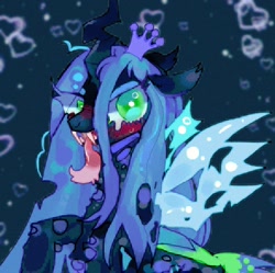 Size: 1024x1020 | Tagged: safe, artist:bug-roux, queen chrysalis, changeling, changeling queen, g4, blue background, female, heart, looking at you, mare, simple background, solo, tongue out